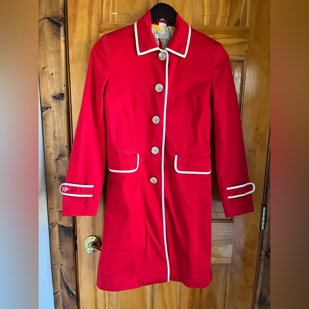 New Penguin Mod Retro Vintage Cotton Trench Coat Red with Psychedelic Lining XS